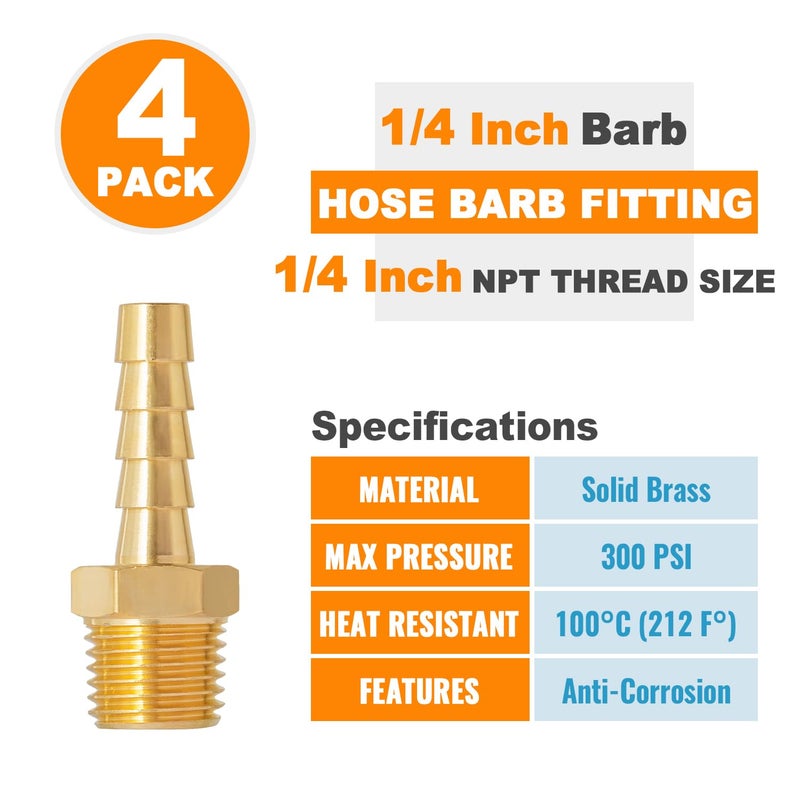 SUNGATOR 1/4 Inch Hose Barb Fittings, Brass Air Hose Fittings, 1/4'' Male NPT Pipe Thread to 1/4 Inch Barb End Pipe Adapter, 1/4'' Brass Air Line Repair Kit for Compressor, 4 Pack - Image 4